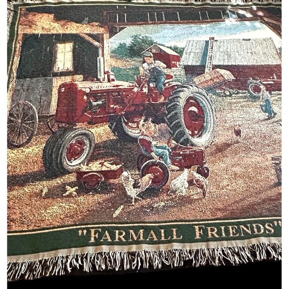 Vtg Farmall Friends Tractor Fringed Tapestry Throw Blanket Charles Freitag 52x65 - Picture 1 of 10
